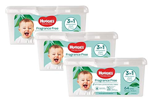 Huggies Thick Baby Wipes Fragrance Free (64x3) Pack-Skin Loving Natural Fibres