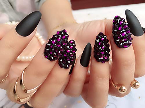24pcs Ballerinas Acrylic Matte Press on False Nails 3D Black Rhinestones Full Cover Frosted Stiletto Coffin Fake Nails Tips Party Christmas Gifts for Women and Girls