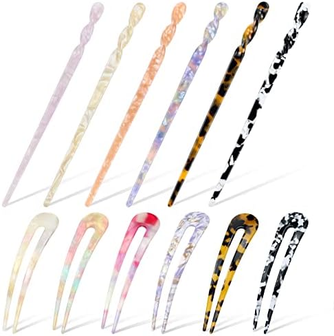 Dizila 12 Pack Retro Vintage Chinese Leopard Print Acetate Hair Sticks Chopsticks Forks & Tortoise Shell U-shaped Hair Pins Accessories for Women Girls Updos Buns