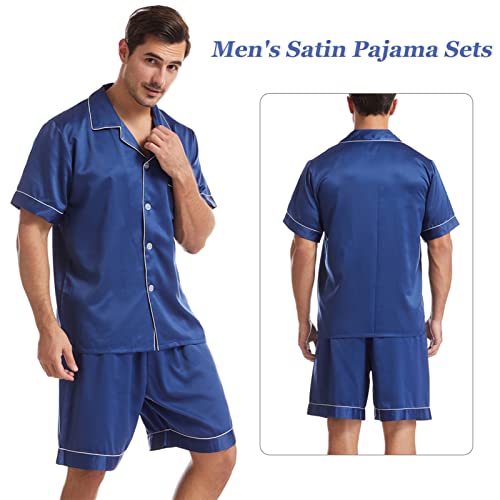 Men's Short Sleeve Satin Pajama Set With Shorts Silky Sleepwear 2 Piece Button Down Shirt Pajamas Pjs Shorts Set Silk Nightwear Lounge Homewear Deep Blue #TOP4