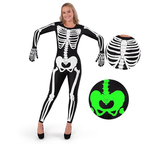Spooktacular Creations Erwachsene Frauen Skelett Kostüm Glühen in der Dunkelheit Skelett Lady Jumpsuit für Halloween Dress Up Party Rolle spielen...