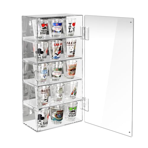 Ikee Design Vitrina acrílica con Parte Trasera de Espejo con Puerta, Vitrina Ajustable de 5 Niveles para Mini Figuras Funko Pop y más, Independiente o montado en la Pared, Transparente