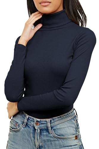 Re Tech UK Ladies Plain Ribbed Cotton Polo Turtle Roll Neck Tunic Top Jumper Full Sleeve, Navy Blue, S/M 8-10