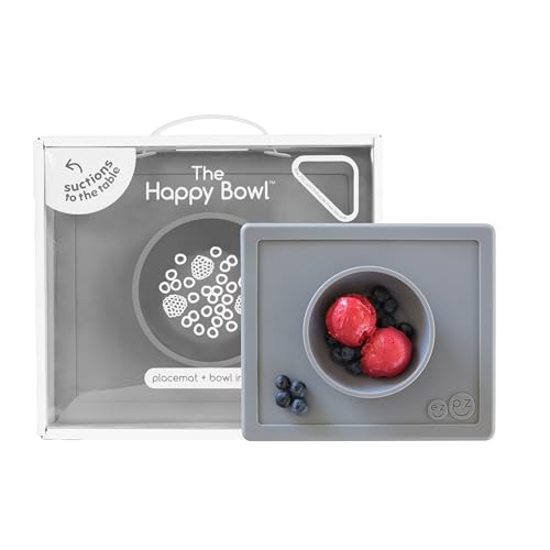 Image of ezpz Happy Bowl - 24 Months + (Gray) - 100% Silicone Suction Bowl with Built-in Placemat – Dishwasher Safe
