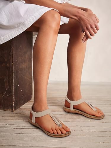 Image of SHIBEVER Womens Sandals Summer Flat: Dressy Casual T-Strap Flip Flop Thong Flats Sandals - Comfortable Walking
