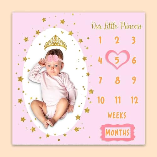 Image of Monthly Milestone Blanket for Baby Girl, 40 inchx40 inch Soft Flannel Pink Princess Memory Growth Blanket, Photography Backdrop Prop for Newborn Baby Shower, 1 to 12 Months Include Marks BTXTPH836