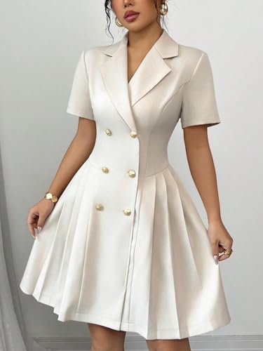 Women’s Elegant Double-Breasted Pleated Blazer Dress Short Sleeve Notch Lapel A-Line Slim Fit Suit Dress Business Office2