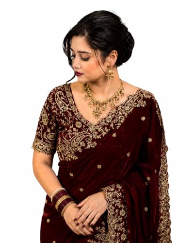 Image of DESTY Saree with Intricate Gold Embroidered Border & Designer Blouse