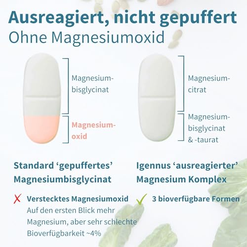 Igennus Fortschrittlicher Dreifach-Magnesium-Komplex, vollständig ausreagiertes & chelatiertes Glycinat, Taurat & Citrat, Clean Label, hohe Bioverfügbarkeit & Absorption, 60 Tabletten, Vegan