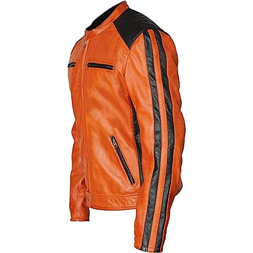 Men's Orange Genuine Sheepskin Waxed Leather Motorcycle Biker Jacket Cafe Racer Rider Casual Zipper Stylish Streetwear Coat3