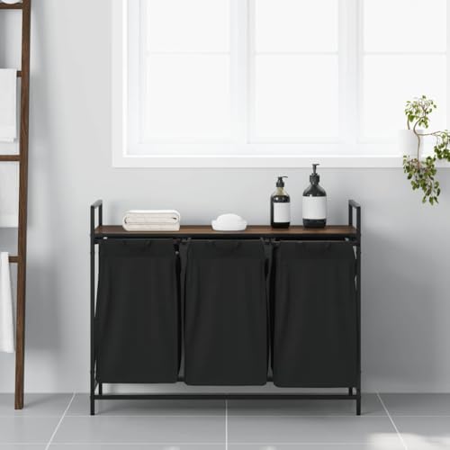 Panier à linge 3 compartiments marron aspect chêne et étagère de tri