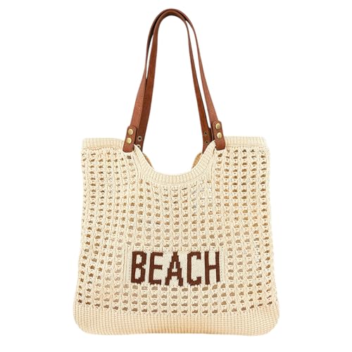 Bolso tejido de playa para mujer crema y marrón claro miniatura 1