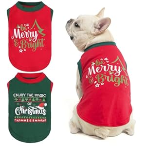 KOOLTAIL Christmas Dog Shirts Clothes-2 Pack Dog Sleeveless Vest with Cute Printing, Soft Stretchy Breathable Cotton Pet T Shirt Apparel for Extra Small Medium Girl&Boy Dogs Puppy Cats, Red+Green S