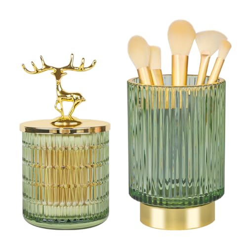 Tonxus Glass Makeup Brush Holder,Cute Apothecary Jars with Lids,Vintage Vanity Makeup Organizer Cup,Green Qtip Holder Container Storage Organizer for Cotton Swab,Ball,Pad,Round