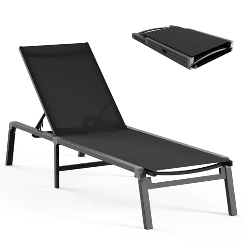 Aluminum Chaise Lounge Ourdoor - Foldable & Assemble Free Outdoor Lounge Chair with 5 Adjustable Backrest, Patio Lounge Chair for Outside Poolside Beach Pool, Black