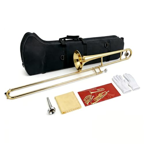 Foyarinal Bb Tenor Slide Trombone | Full Kit with Mouthpiece Gloves & Cleaner - Student-Friendly B Flat Tenor Slide Trombone All-In-One Package for New Learners (Gold)
