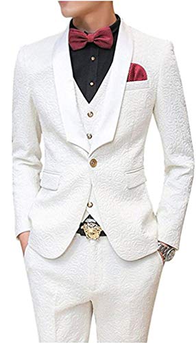 White Patterned Wedding Suits for Men 3 Pieces Groom Tuxedos