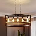 DLLT 5-Light Black Walnut Farmhouse Chandelier, Oval Kitchen Island Industrial Lighting Fixtures, Ceiling Hanging Pendant Light for Dining Room Over Table, Living Room, E26 Bulbs NOT Included