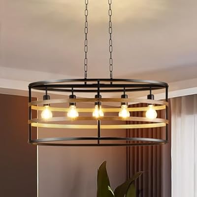 DLLT 5-Light Black Walnut Farmhouse Chandelier, Oval Kitchen Island Industrial Lighting Fixtures, Ceiling Hanging Pendant Light for Dining Room Over Table, Living Room, E26 Bulbs NOT Included