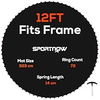 SPORTNOW Trampoline Replacement Mat with Eight Rows of Stitching, Spring Pull Tool, 72 V-Hooks, for 12ft Trampoline, Using 14cm Springs, Trampoline Jumping Mat, Black
