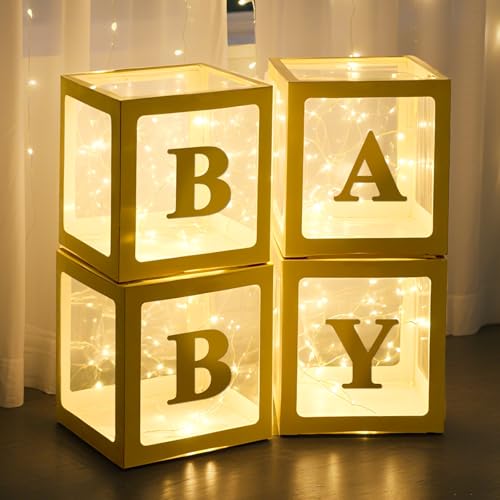 Image of Ledido Baby Boxes with Letters for Baby Shower Decorations, 4 pcs Clear Balloon Boxes Blocks Decor with LED Fairy String Lights for Boy Girl Gender Reveal Decorations Backdrop Party (Gold)