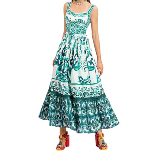 New Bohemian Printed Square Neck Suspender Dress Pleated Slim high Waist Beach Vacation Fluffy Long Skirt4