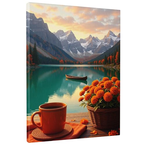 Lienzo abstracto naranja y verde de lago para decoración del hogar