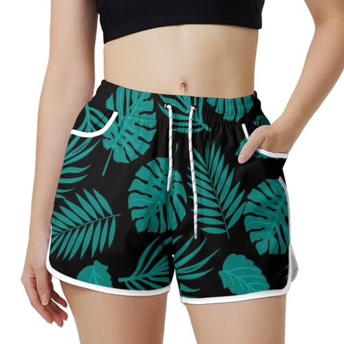 AYUNIX Women's Running Shorts with Pockets Quick Dry Performance Shorts for Women Green Leaf Athletic Workout Gym Shorts