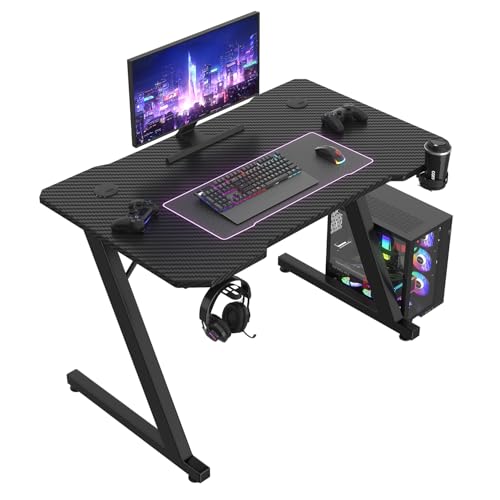 JUMMICO JUMMCO Gaming-Tisch, Gaming-Tisch mit Becherhalter und Headset-Halter, 2 professionelle Kabelführungslöcher, Tischplatte aus Kohlefaser, hochwertiges schwarzes Metallgestell 80x52 cm