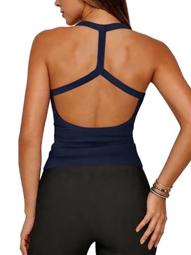 Xiaoliny Débardeur Femme Col Halter Tricoté Côtelé Haut d'Été Chic et Élégant Dos Nu Crop Top Ajustée T-Shirt sans Manches Slim Fit Tops de Sport...
