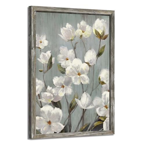 Rustic Flower Wooden Wall Art: Vintage White Floral Framed Oil Painting Abstract Botanical Picture Modern Blossom Prints Artwork for Living Room Bedroom Farmhouse by ARTISTIC PATH - Used condition - US$44.23