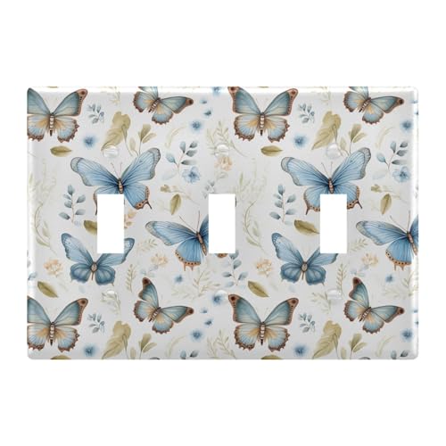Light Switch Cover Blue Brown Butterfly Wall Plates for Electrical Outlets 3 Gang 202b2601
