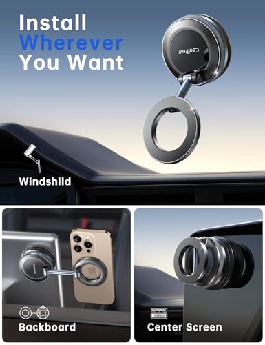 Image of Coolpow【Newest Vacuum Magnetic Phone Holder for Car Phone Holder Mount【Movable Vacuum Suction】 Magsafe Car Mount Cell Phone Holders for Your Car Accessories for Women Men for iPhone 17 16 -Black