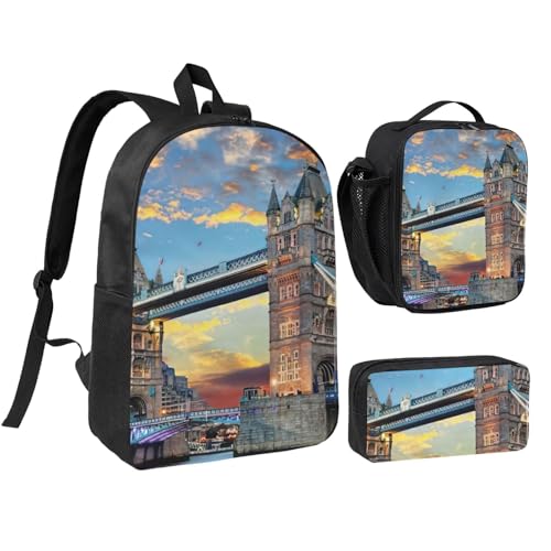 Sac à dos d'école motif Tower Bridge kit scolaire 3 pièces avec trousse et sac repas