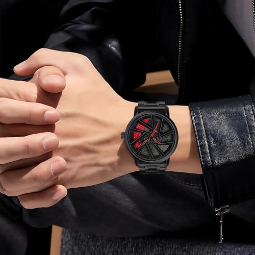 Image of HORAME 42mm Car Alloy Wheel Watch For Men, Gyro Wheel Rolling Watch For Men With Snap Lock Black Steel Chain, 30M Waterproof Round Metal Rim Rotating Watches, Analog RS7 Spinning Car Watches For Boys (Red)