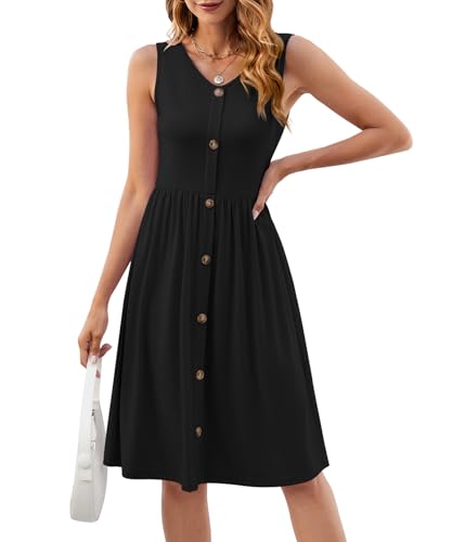 Image of KUOTAI Womens Summer Dresses Sleeveless Casual Loose Swing Button Down Midi Dress V-Neck Flowy A-Line Sundress