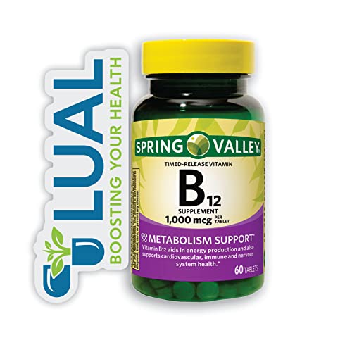 Vitamin B12, Supports Energy Metabolism. Includes Luall Fridge Magnetic + Spring Valley Vitamin B12 Timed-Release Tablets Dietary Supplement (1,000 Mcg, 60 Tablets) #TOP13