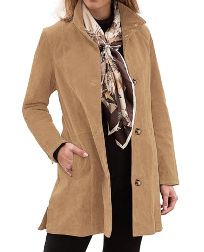 Womens Winter Suede Coat Stand Collar Single Breasted Overcoat with Pockets Mid Length Trench Coats
