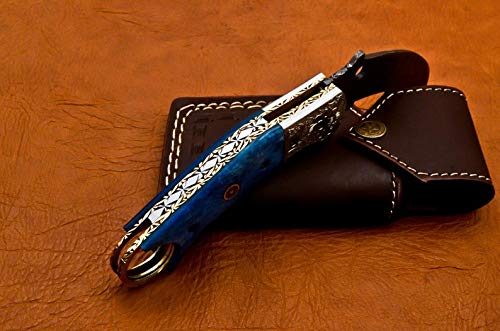 8.5" Handmade Damascus Folding Pocket Knife Karambit Knife Hunting Knife Handle Camel Bone Handmade Damascus Steel With Leather Sheath B50 #TOP7