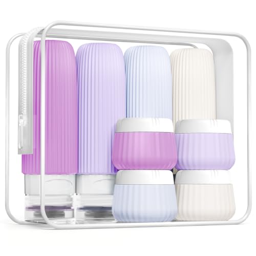 Image of Mrsdry Travel Bottles for Toiletries 8 Pack, Tsa Approved Travel Size Toiletries 3 oz, Travel Containers for Toiletries, with Clear Bag, Leak Proof Silicone Squeezable Travel Essentials Creams Jars