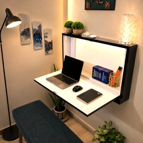 Image of Wall Mounted Folding Study Table - Black & Gold | Solid Wood | Foldable Space-Saving Desk with Storage | Home Office Laptop Desk