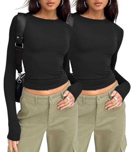 AUTOMET 2 Pack Womens Long Sleeve T Shirts Fall Fashion Basic Going Out Crop Tops Slim Fitted Winter Clothes 2025 Black White M