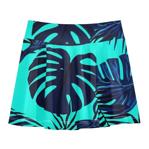Joisal Dark Blue Monstera Palm Leaves Kids Tennis Skirts Preppy Athletic Shorts Girls Skorts Flowy Skort 4t