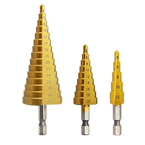 Zilong Taladro de Paso Pagoda (3pcs) 4-12/4-2/4-32 HSS Vástago Hexagonal de Titanio Recubierto Broca para el Acero, Latón, Madera, Plástico, etc