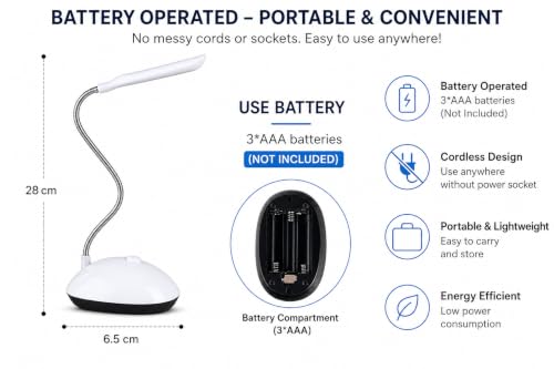 Image of Desk LED Lamp, Modern Swing Arm Desk Light, Eye Caring Table Lamp, for Bedside Reading, Study, Home & Office, 3 AAA Battery Powered(Not Included), White LED Color, Random Body Color, Pack of 2