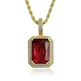 Pealynna Zirconia Square Iced Out Red Crystal Pendant Fashion Gold Plated Necklace Jewelry Gemstone with 24 inches Stainless Steel Rope Chain for Men Women (GoldRed)