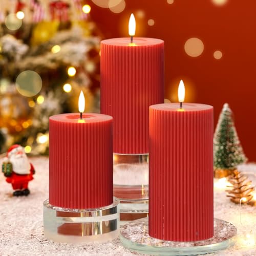 Image of Battery Operated Flameless Candles with 6 Hour Timer 3 Pack Real Wax Vertical Stripe 3D Wick Flickering LED Pillar Candles Dinner Wedding Christmas Holiday Decor(Red, 3 inch D x 5 inch, 6 inch, 7 inch H)