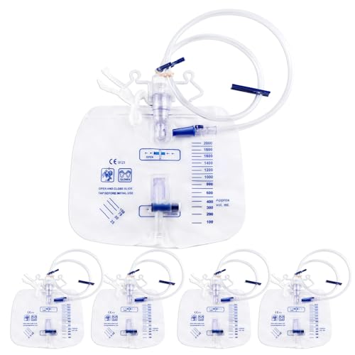 5 Pack 2000ml Urine Collection Bags with 48 Inch Flexible Tube Anti Backflow Chamber Catheter Bags with Smooth Slide Valve Dual Hooks and Hanging Strap for Daily Liquid Collection and Easy Drainage
