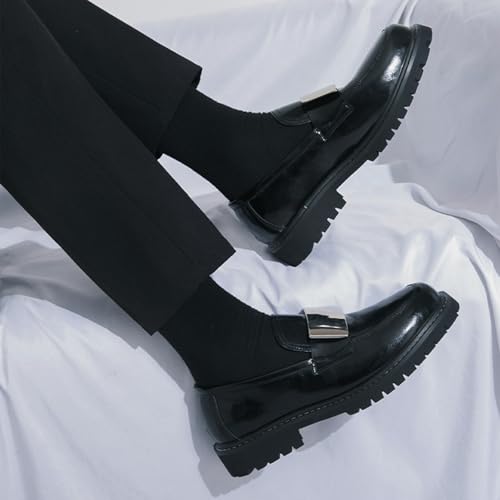 Men's Fashion Metal Buckle Slip-On Penny Loafers Comfortable Soft Leather Platform Chunky Heel Business Casual Formal Shoes 7