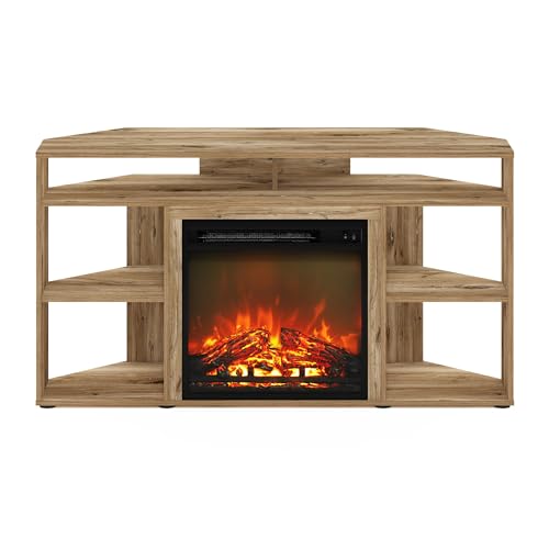 Image of Furinno Jensen Fireplace TV Stand, Corner Entertainment Center, TV Console for TV up to 55 Inch with Fireplace, for Living Room, Bedroom, Flagstaff Oak